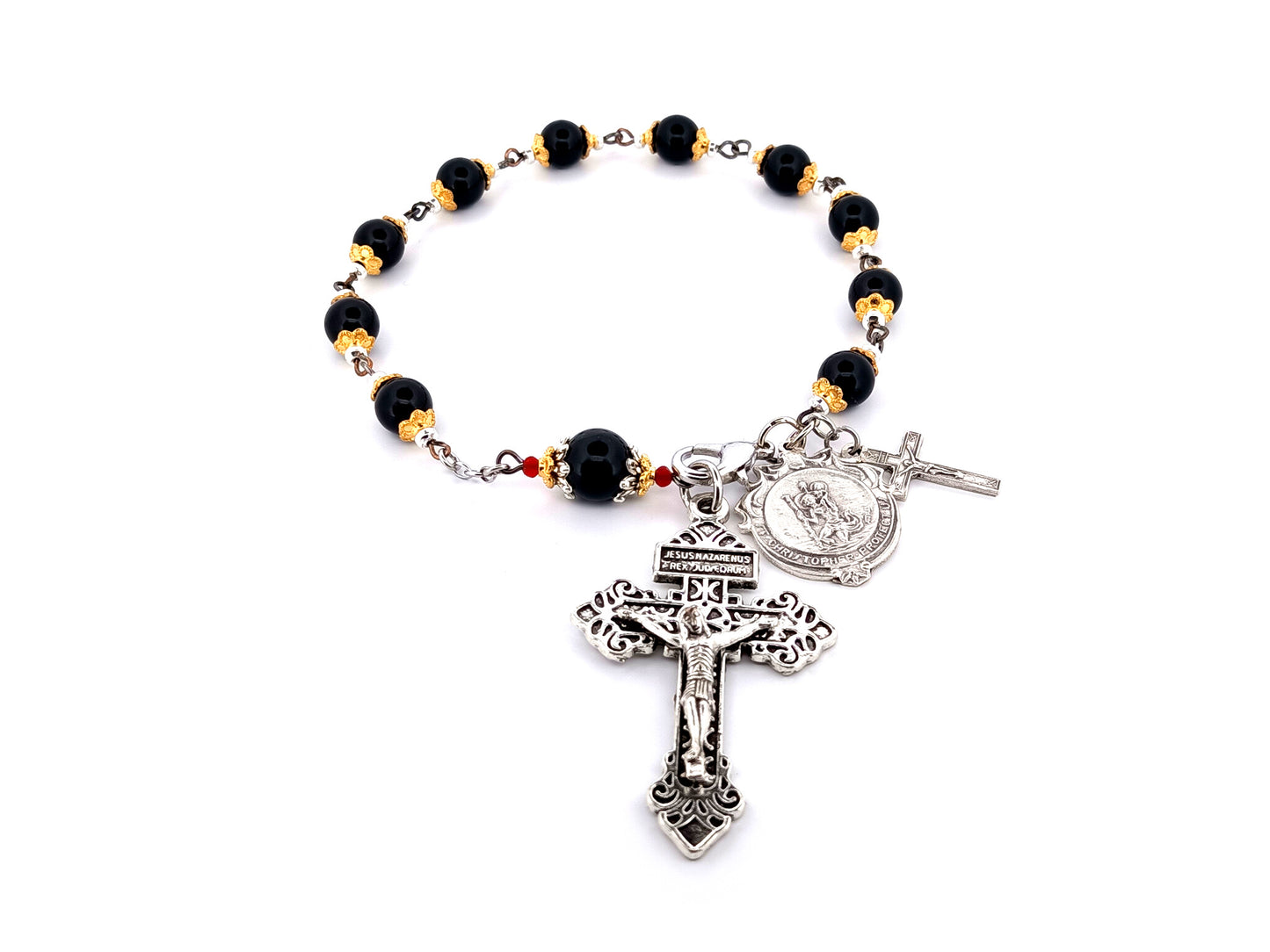 Saint Christopher unique rosary beads onyx gemstone single decade pocket rosary beads with pardon crucifix.