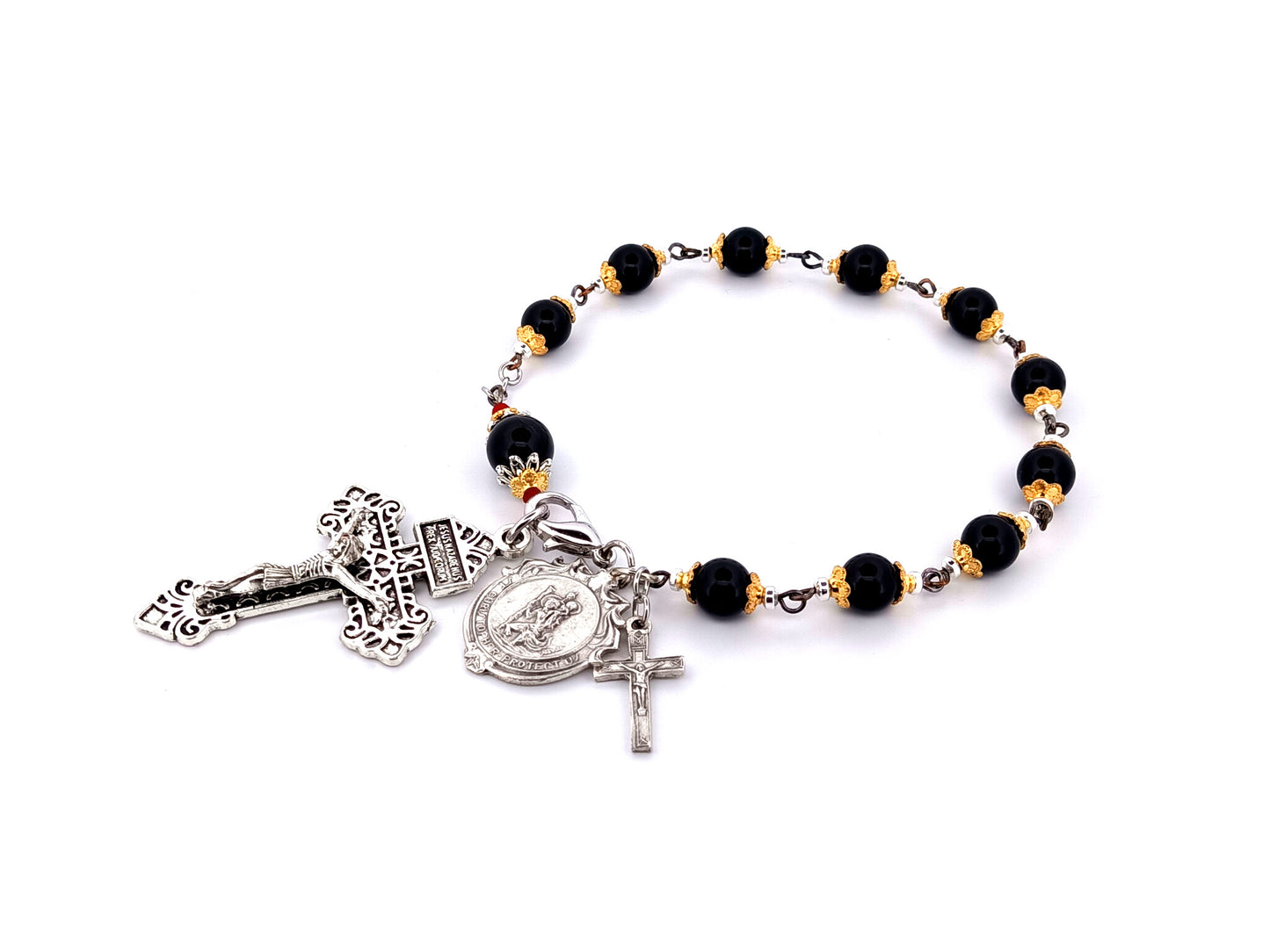 Saint Christopher unique rosary beads onyx gemstone single decade pocket rosary beads with pardon crucifix.