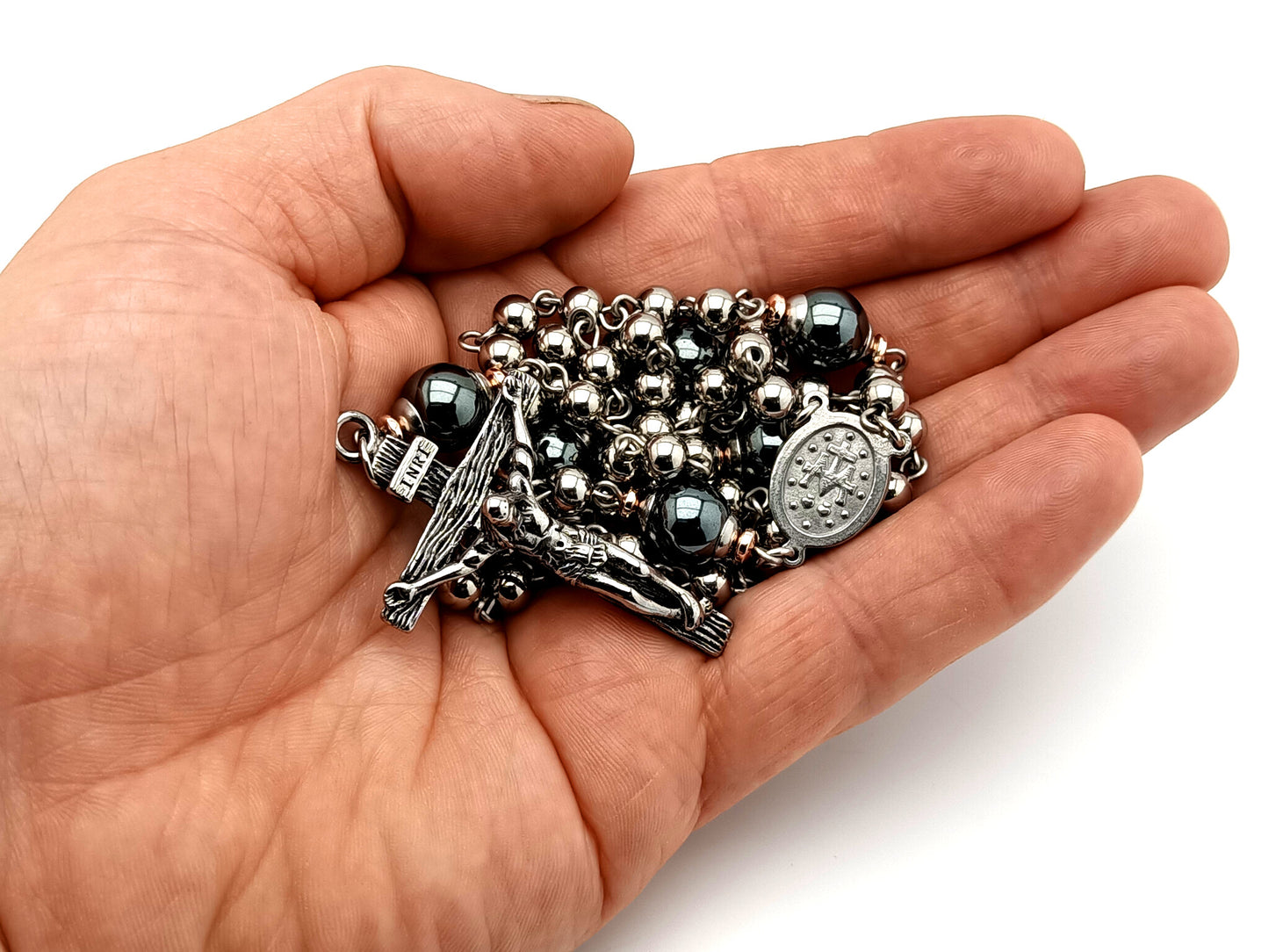 Miraculous medal unique rosary beads stainless steel and gemstone rosary beads with stainless steel crucifix. 