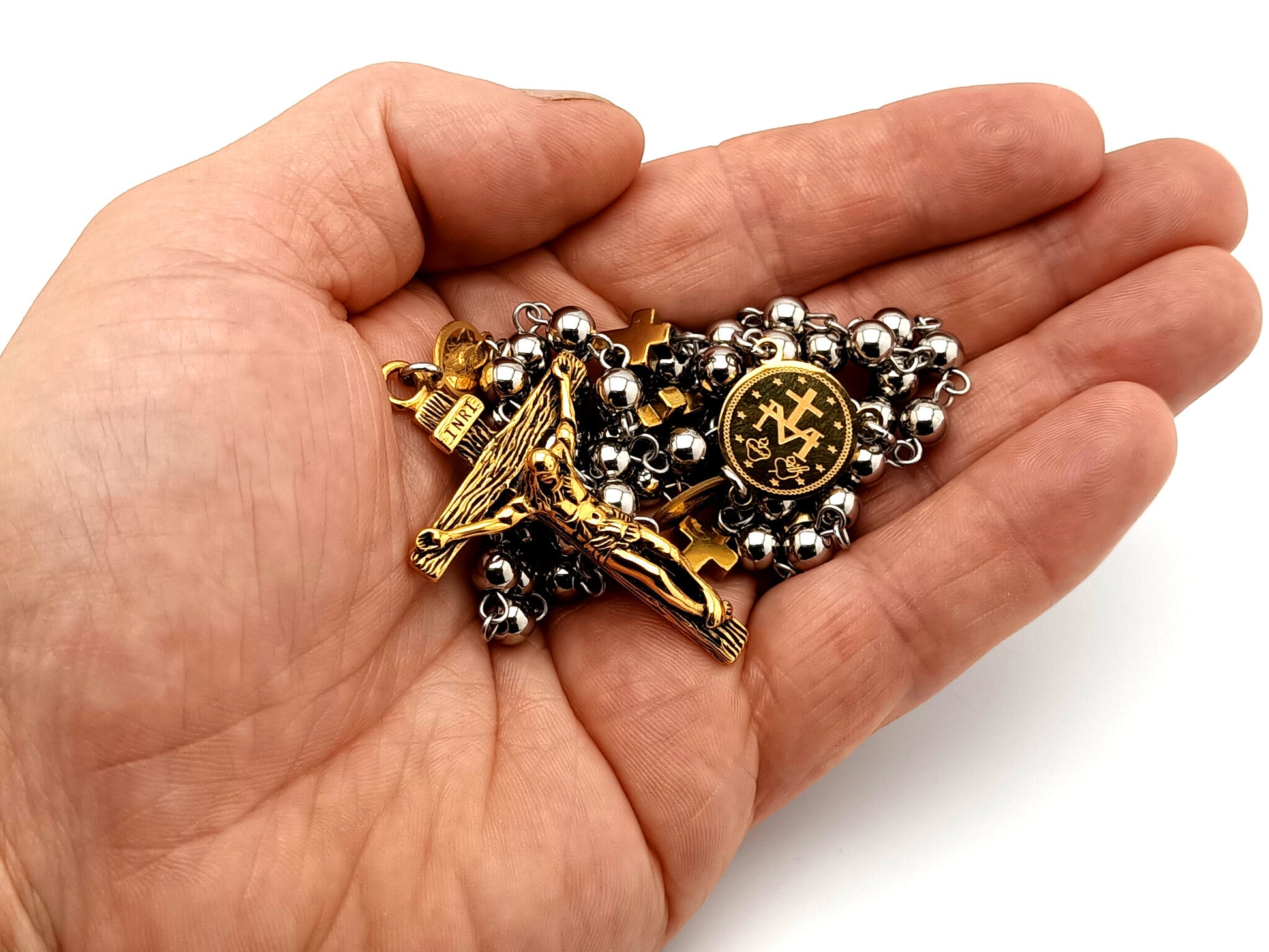 Miraculous medal unique rosary beads gold plated stainless steel rosary beads with gold cross linking beads.