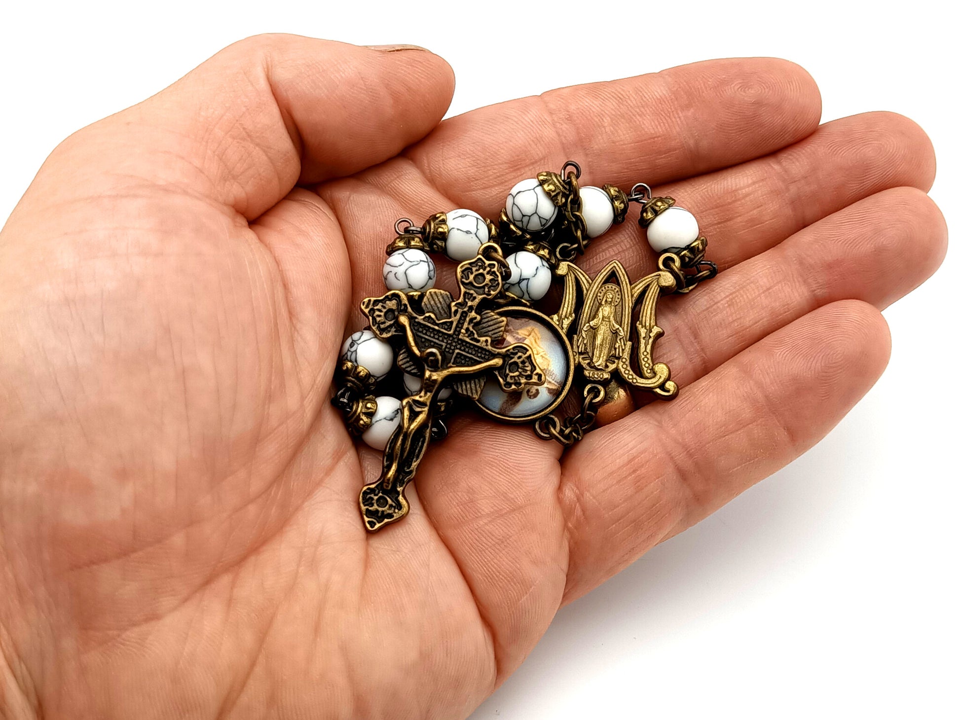Miraculous medal and Saint Michael unique rosary beads gemstone single decade rosary beads with brass crucifix.