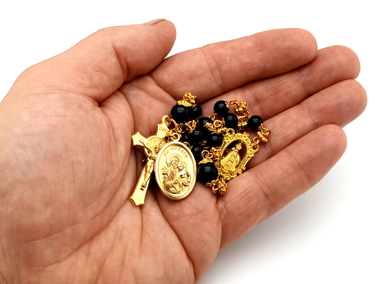 Our Lady of charity unique rosary beads onyx gemstone single decade pocket rosary beads with Saint Joseph medal.