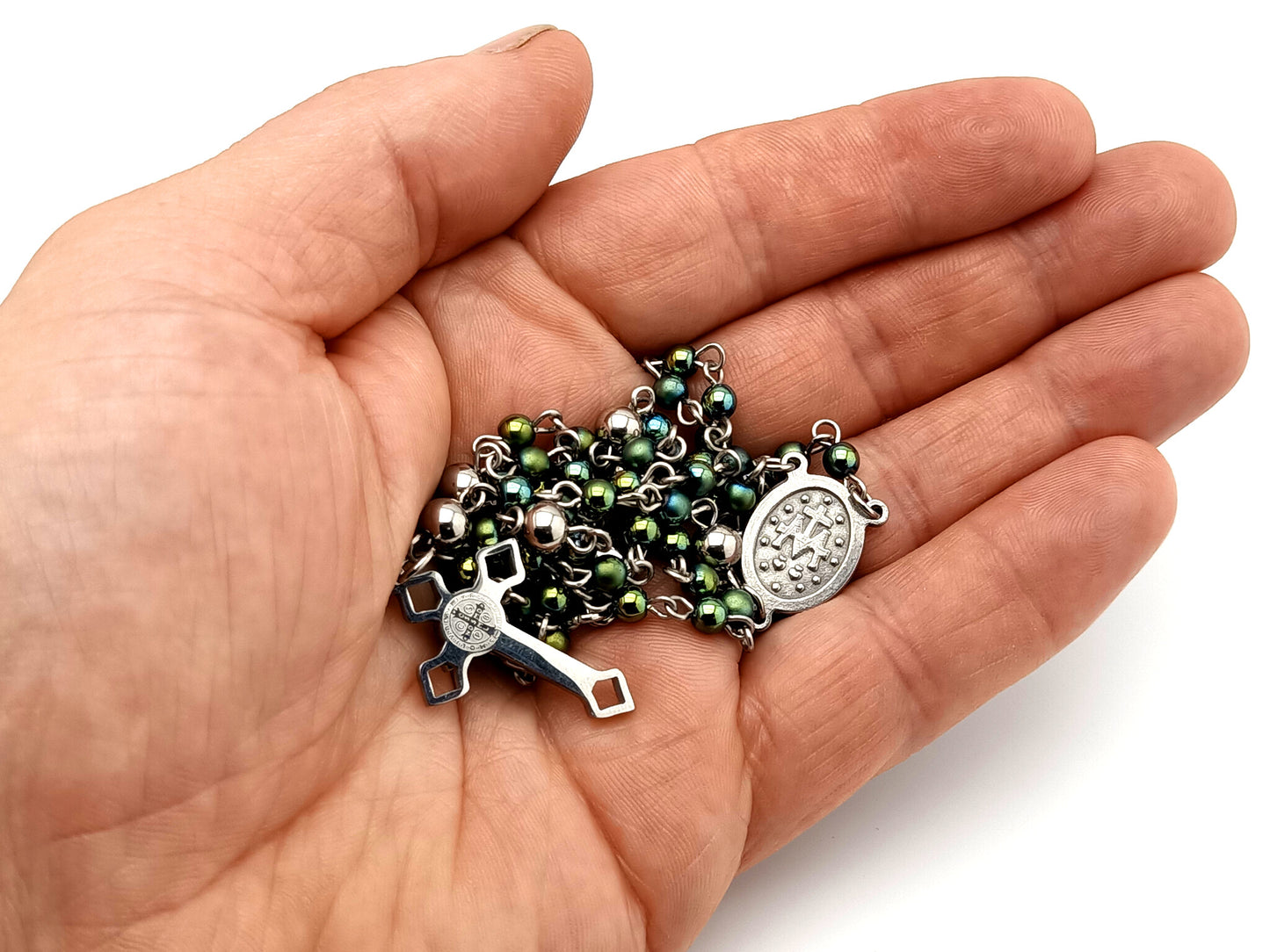 Miniature Miraculous unique rosary beads medal green hematite gemstone wearable rosary bead necklace with Saint Benedict crucifix.