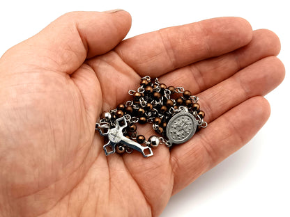 Miniature Miraculous medal unique rosary beads bronze hematite gemstone wearable rosary bead necklace with Saint Benedict crucifix.
