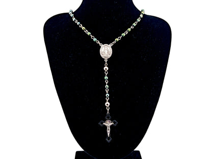Miniature Miraculous unique rosary beads medal green hematite gemstone wearable rosary bead necklace with Saint Benedict crucifix.
