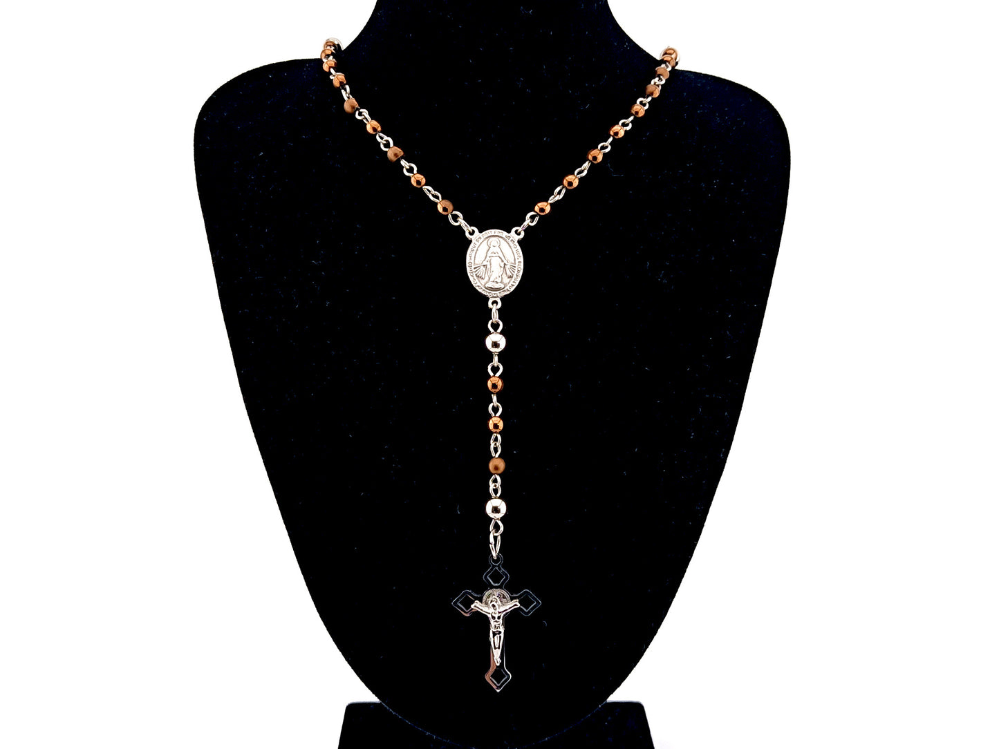Miniature Miraculous medal unique rosary beads bronze hematite gemstone wearable rosary bead necklace with Saint Benedict crucifix.