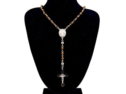 Miniature Miraculous medal unique rosary beads bronze hematite gemstone wearable rosary bead necklace with Saint Benedict crucifix.