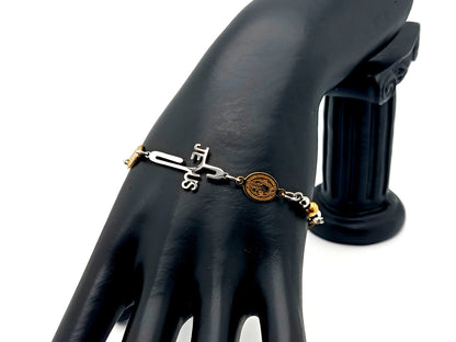 Saint Benedict unique rosary beads gold plated stainless steel bracelet with Jesus linking cross.