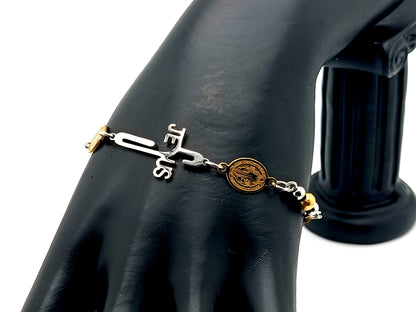 Saint Benedict unique rosary beads gold plated stainless steel bracelet with Jesus linking cross.