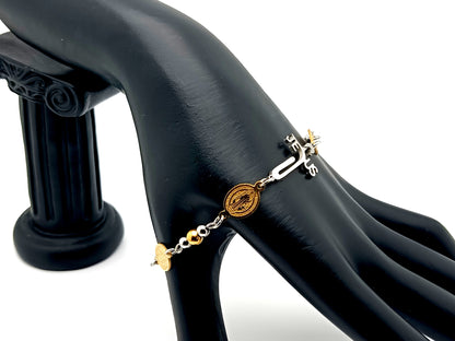 Saint Benedict unique rosary beads gold plated stainless steel bracelet with Jesus linking cross.