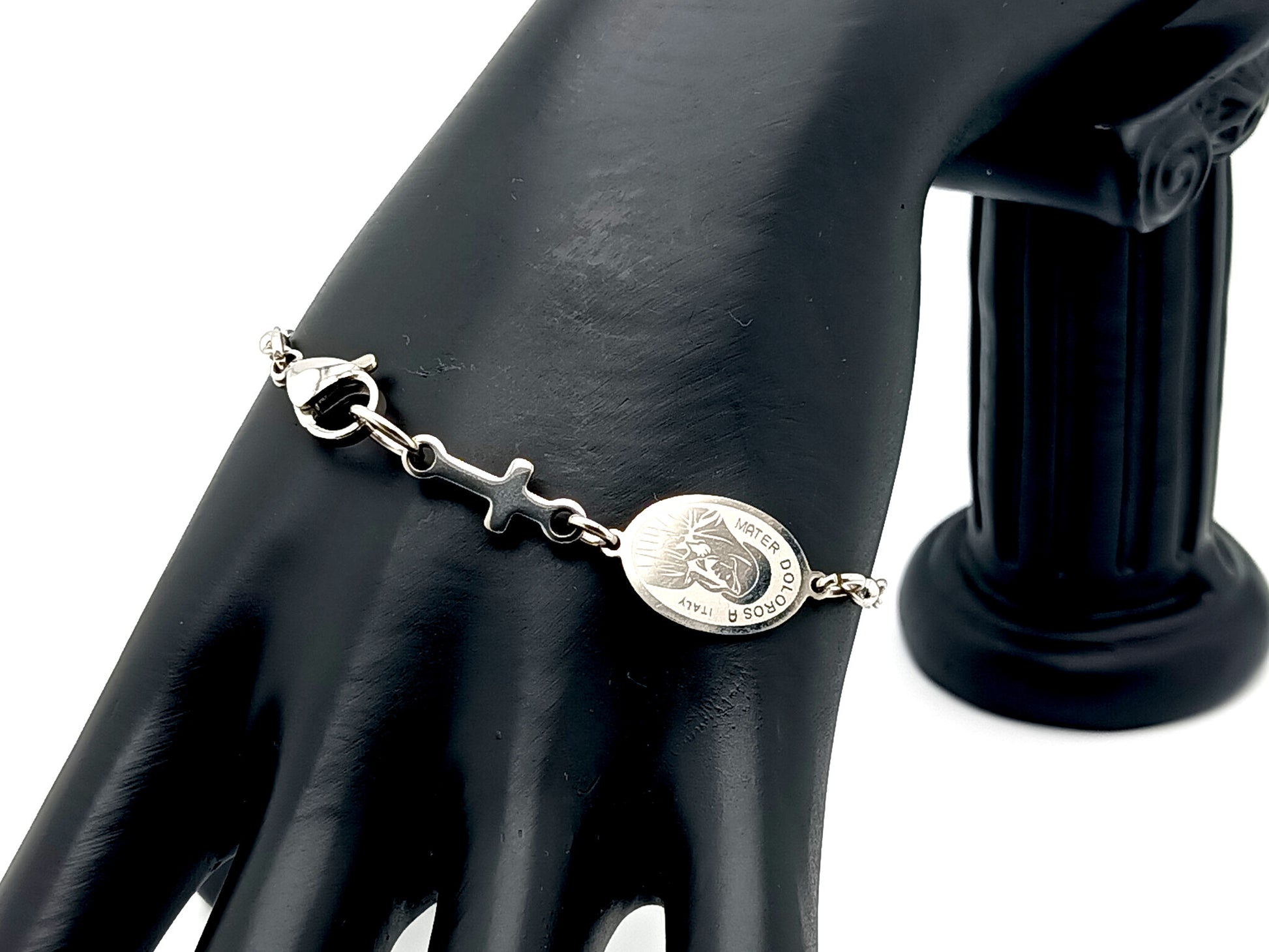 Our Lady of Sorrows unique rosary beads stainless steel single decade rosary bracelet with linking cross.