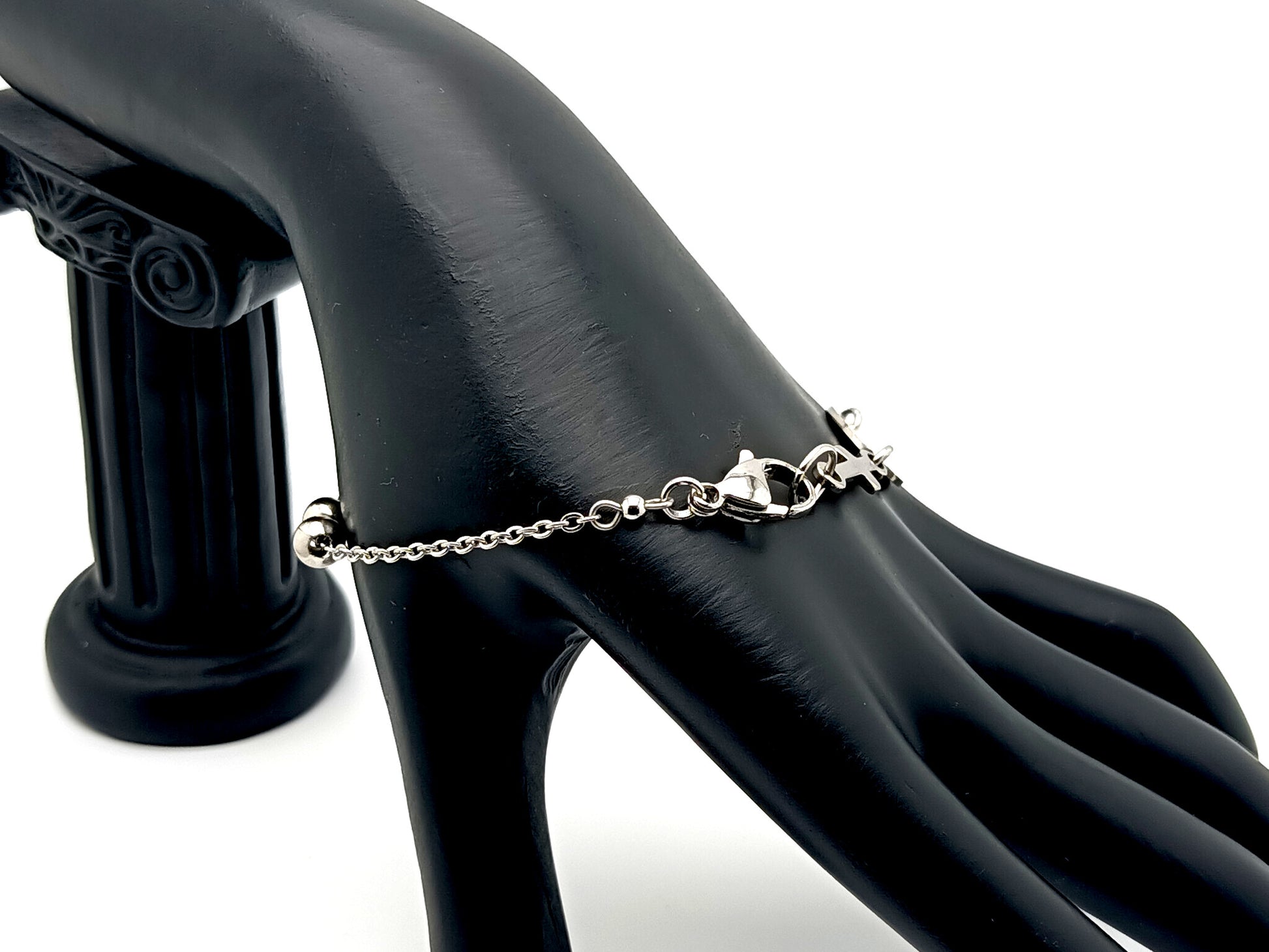 Our Lady of Sorrows unique rosary beads stainless steel single decade rosary bracelet with linking cross.