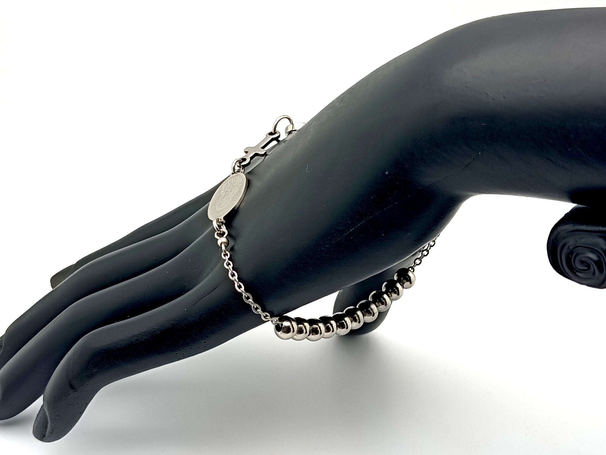 Our Lady of Sorrows unique rosary beads stainless steel single decade rosary bracelet with linking cross.