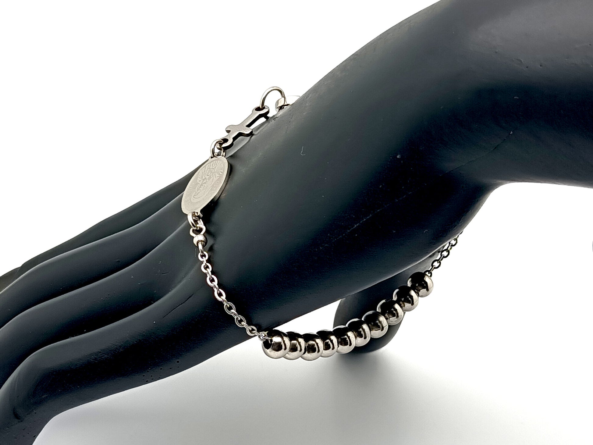 Our Lady of Sorrows unique rosary beads stainless steel single decade rosary bracelet with linking cross.