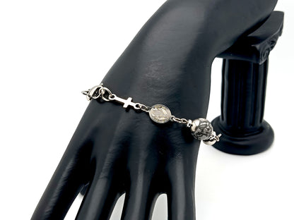 Men's unique rosary beads jasper gemstone and stainless steel single decade rosary bracelet with linking Miraculous medal.