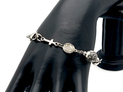 Men's unique rosary beads jasper gemstone and stainless steel single decade rosary bracelet with linking Miraculous medal.
