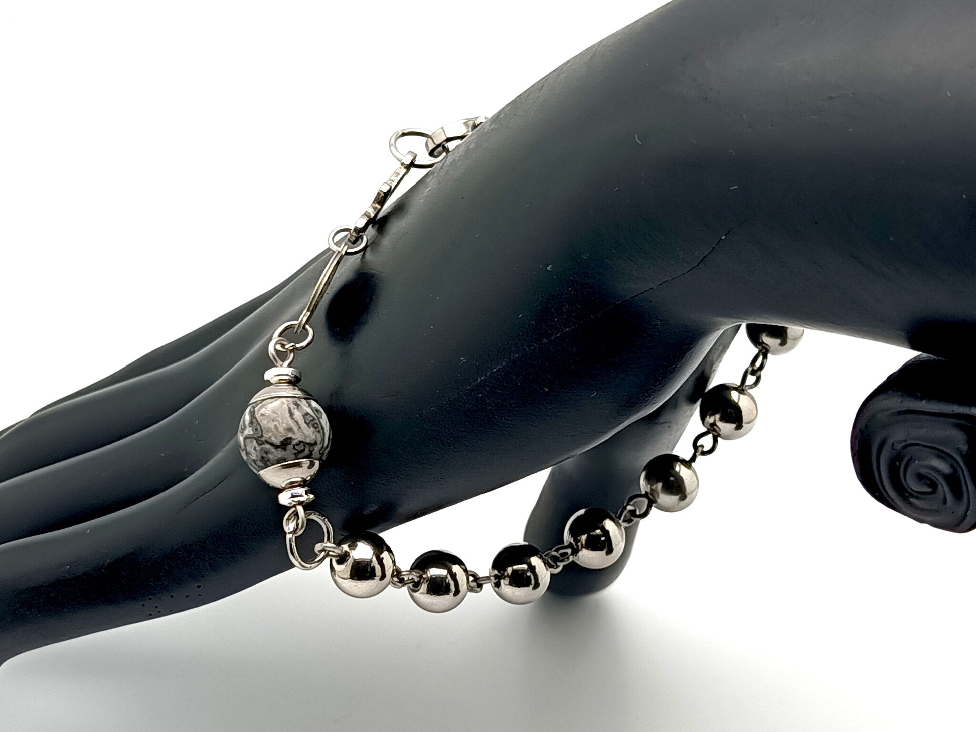 Men's unique rosary beads jasper gemstone and stainless steel single decade rosary bracelet with linking Miraculous medal.