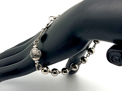 Men's unique rosary beads jasper gemstone and stainless steel single decade rosary bracelet with linking Miraculous medal.