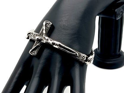 Men's large stainless steel crucifix bracelet with heavy duty stainless steel chain.