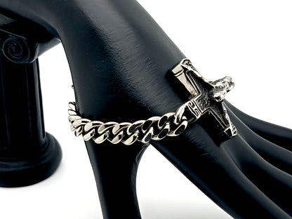 Men's large stainless steel crucifix bracelet with heavy duty stainless steel chain.
