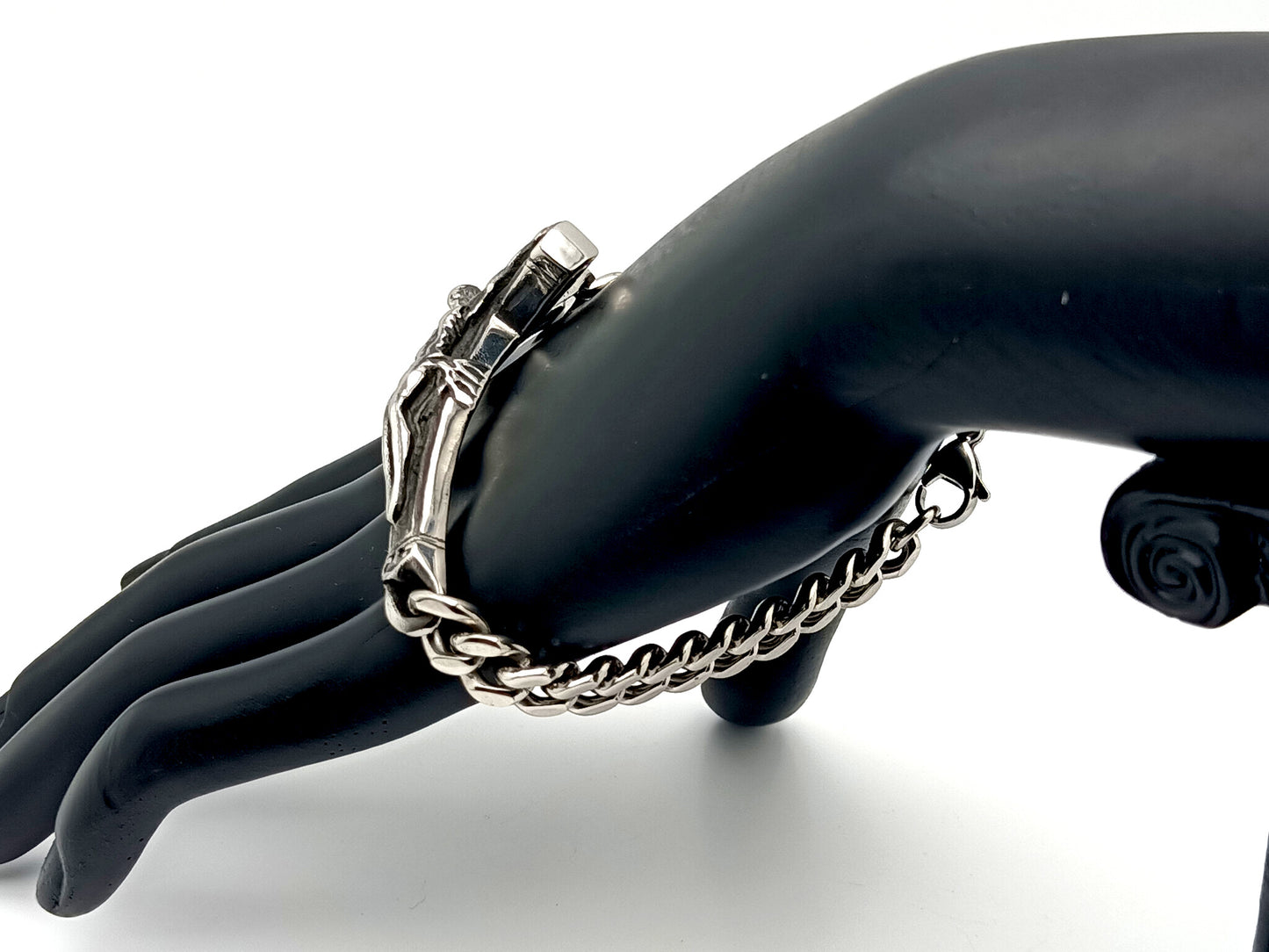 Men's large stainless steel crucifix bracelet with heavy duty stainless steel chain.