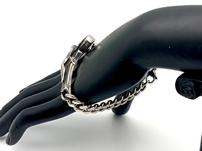 Men's large stainless steel crucifix bracelet with heavy duty stainless steel chain.