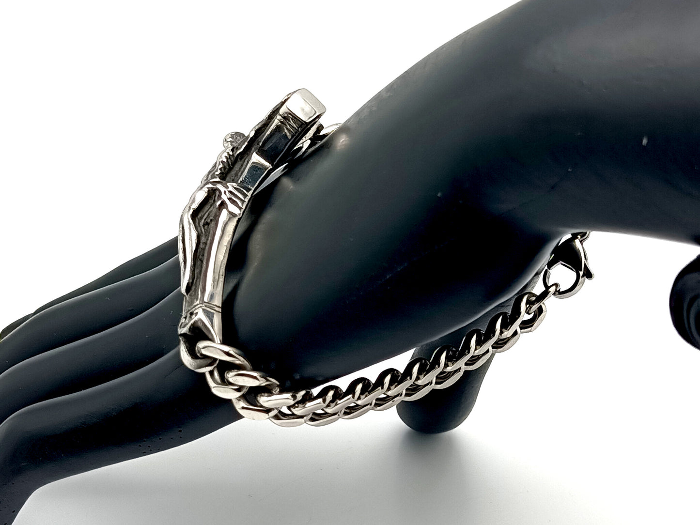 Men's large stainless steel crucifix bracelet with heavy duty stainless steel chain.