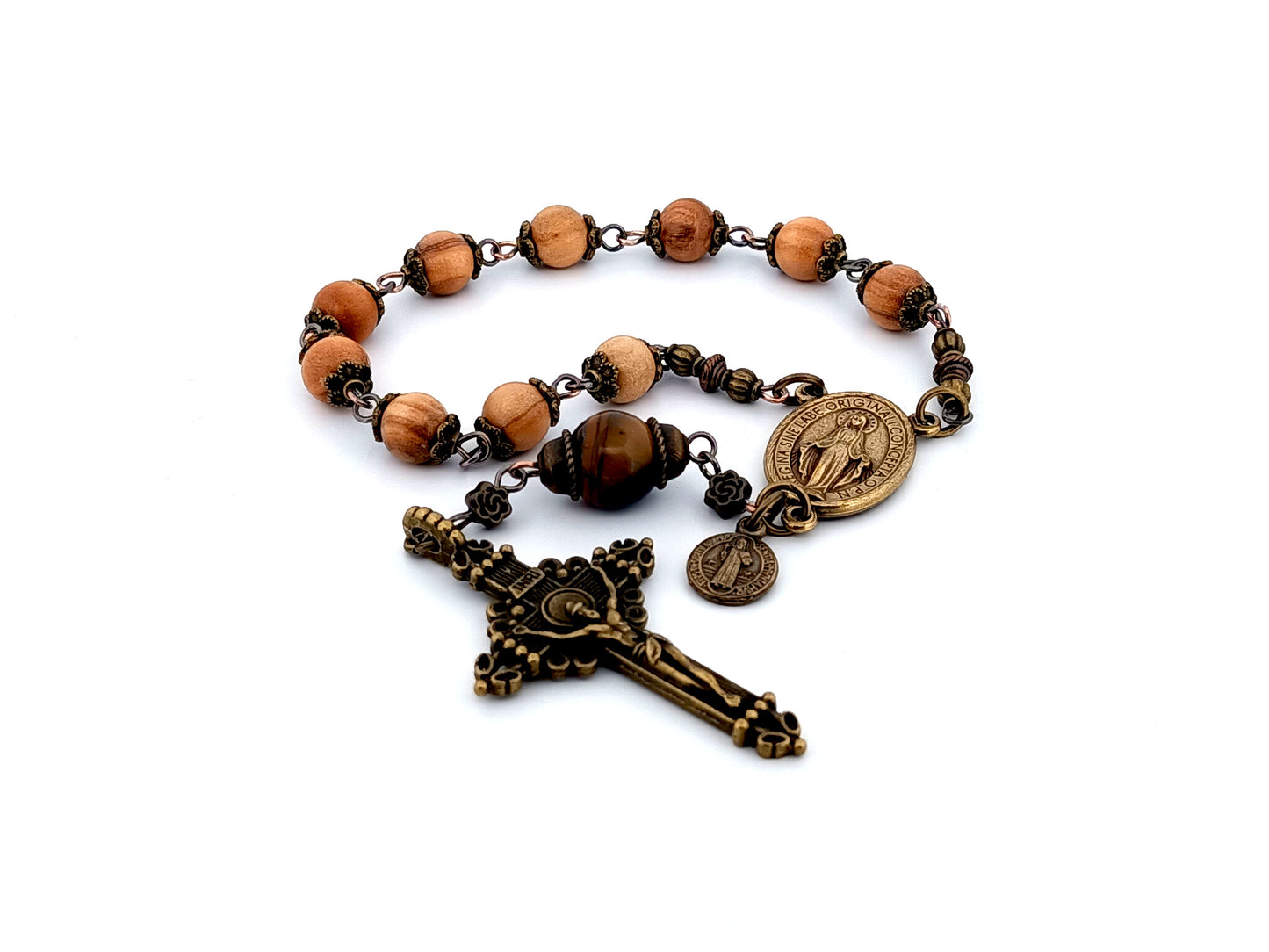 Miraculous Medal unique rosary beads vintage style wood and gemstone single decade rosary beads.