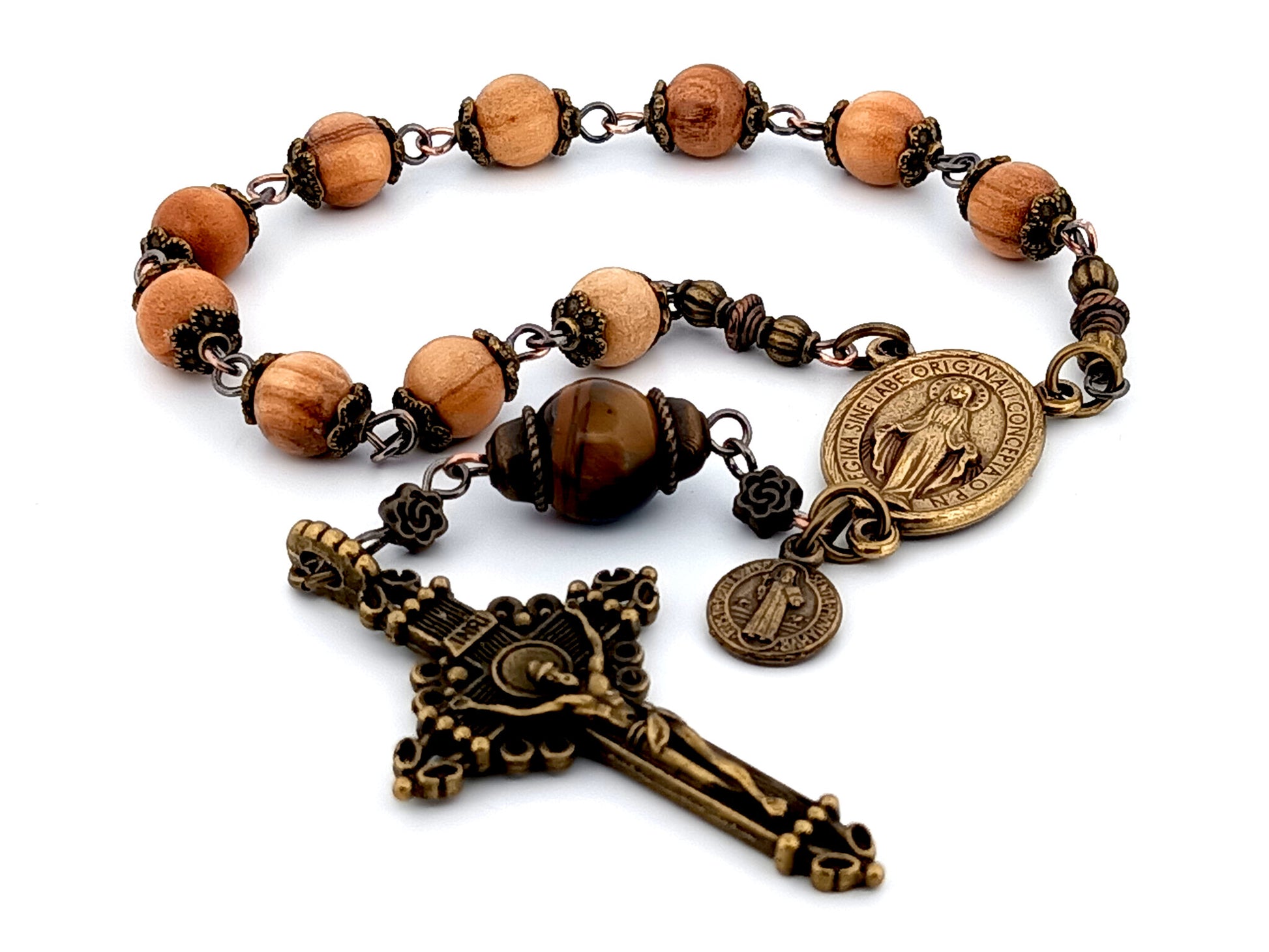 Miraculous Medal unique rosary beads vintage style wood and gemstone single decade rosary beads.