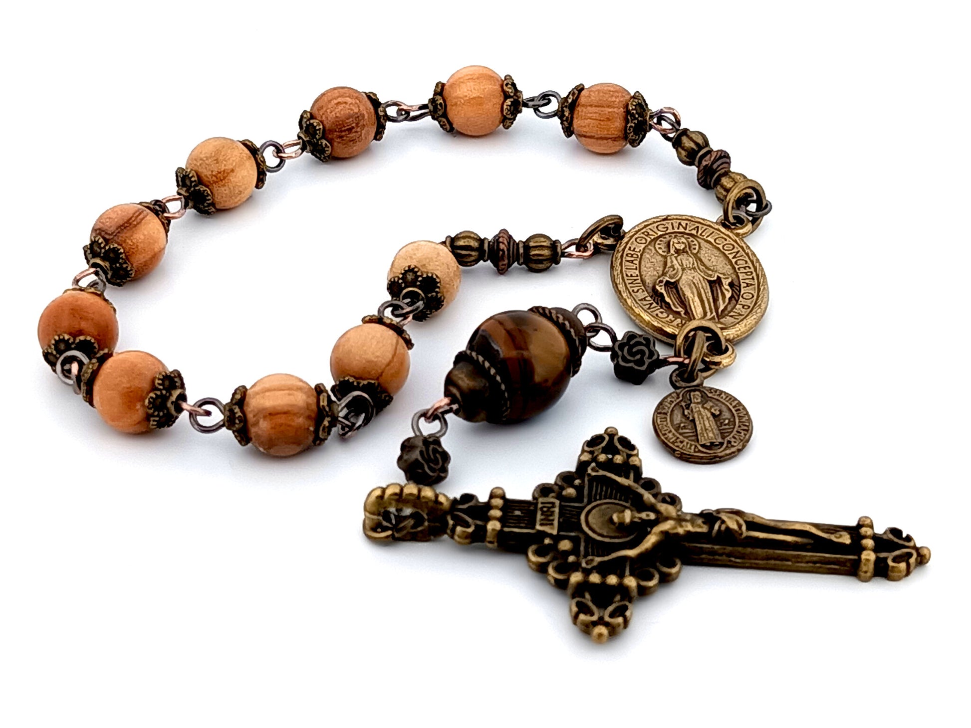 Miraculous Medal unique rosary beads vintage style wood and gemstone single decade rosary beads.