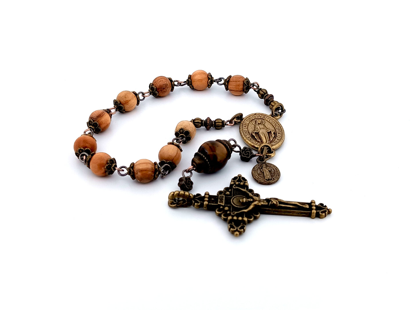 Miraculous Medal unique rosary beads vintage style wood and gemstone single decade rosary beads.
