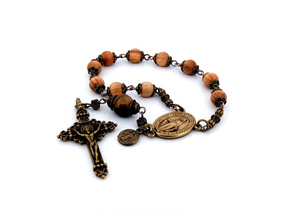 Miraculous Medal unique rosary beads vintage style wood and gemstone single decade rosary beads.