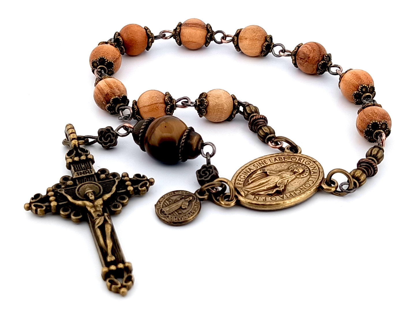 Miraculous Medal unique rosary beads vintage style wood and gemstone single decade rosary beads.