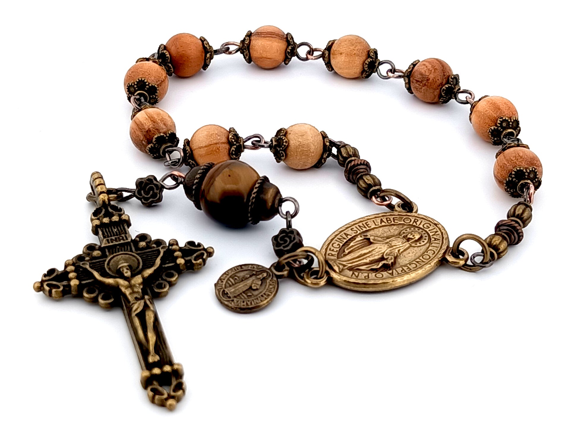 Miraculous Medal unique rosary beads vintage style wood and gemstone single decade rosary beads.