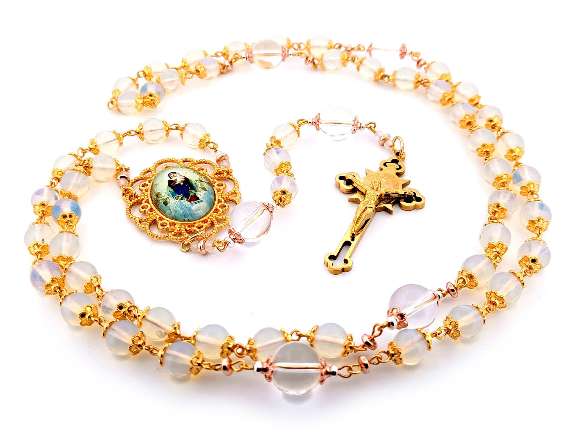Virgin Mary and The Angels unique rosary beads opal gemstone rosary beads with gold plated Saint Benedict crucifix. 