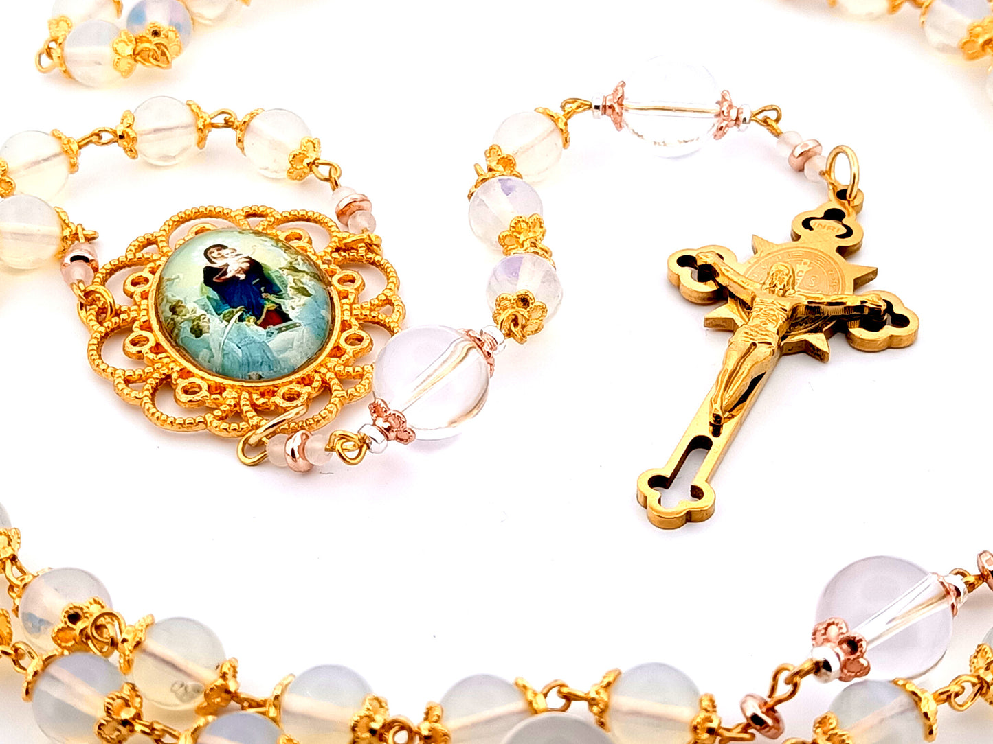 Virgin Mary and The Angels unique rosary beads opal gemstone rosary beads with gold plated Saint Benedict crucifix. 