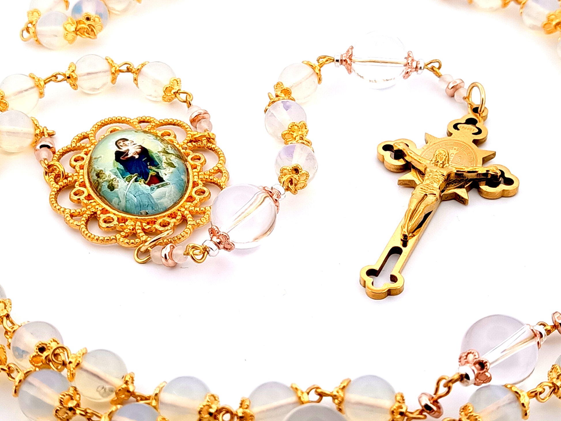 Virgin Mary and The Angels unique rosary beads opal gemstone rosary beads with gold plated Saint Benedict crucifix. 