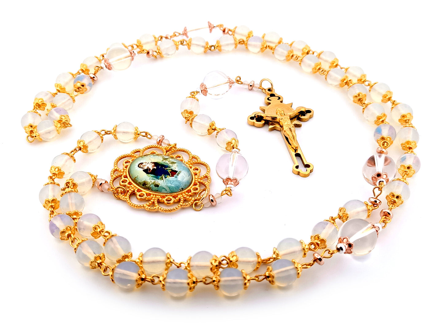 Virgin Mary and The Angels unique rosary beads opal gemstone rosary beads with gold plated Saint Benedict crucifix. 