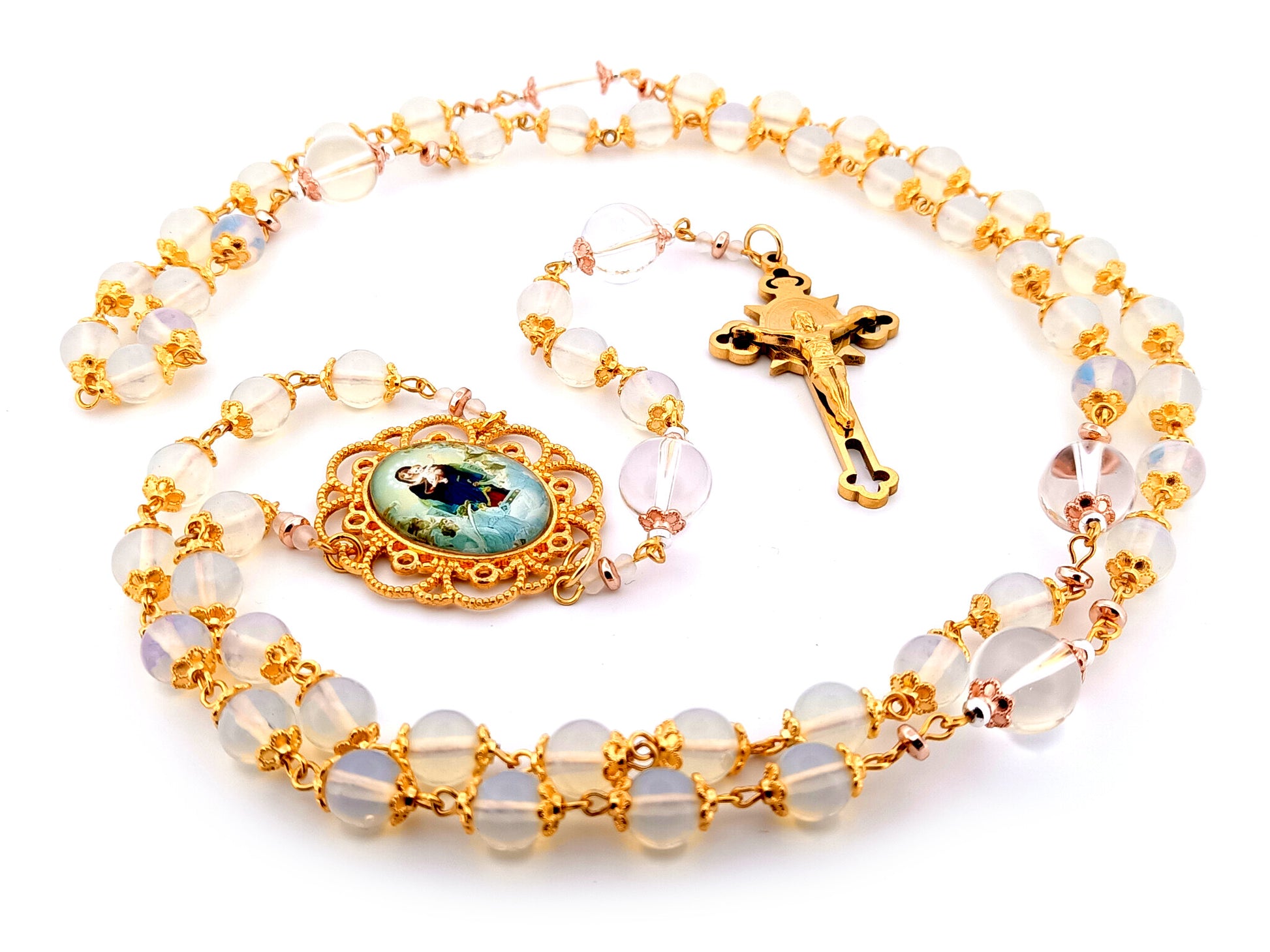 Virgin Mary and The Angels unique rosary beads opal gemstone rosary beads with gold plated Saint Benedict crucifix. 
