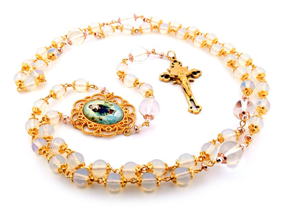 Virgin Mary and The Angels unique rosary beads opal gemstone rosary beads with gold plated Saint Benedict crucifix. 