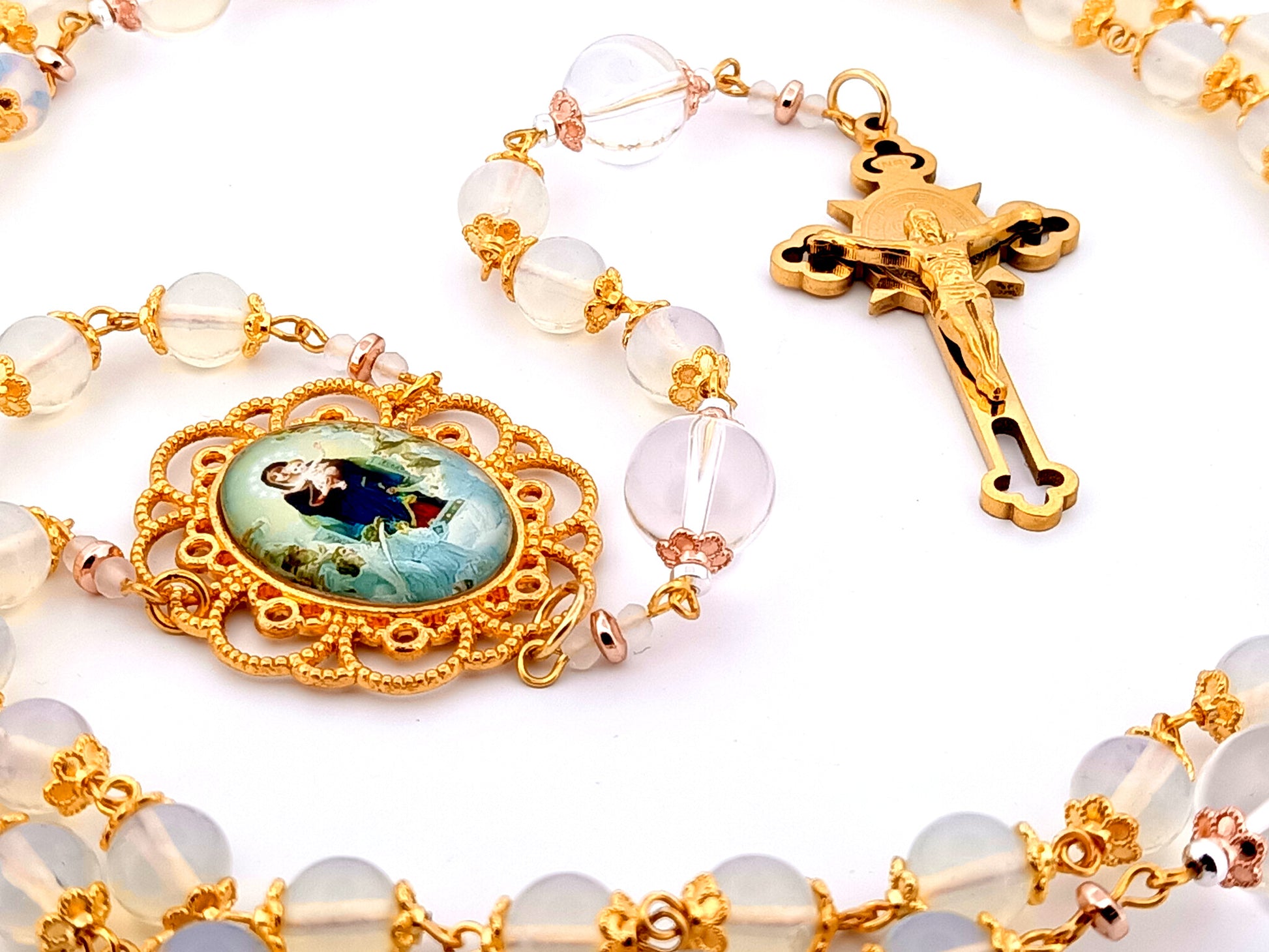 Virgin Mary and The Angels unique rosary beads opal gemstone rosary beads with gold plated Saint Benedict crucifix. 