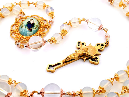 Virgin Mary and The Angels unique rosary beads opal gemstone rosary beads with gold plated Saint Benedict crucifix. 