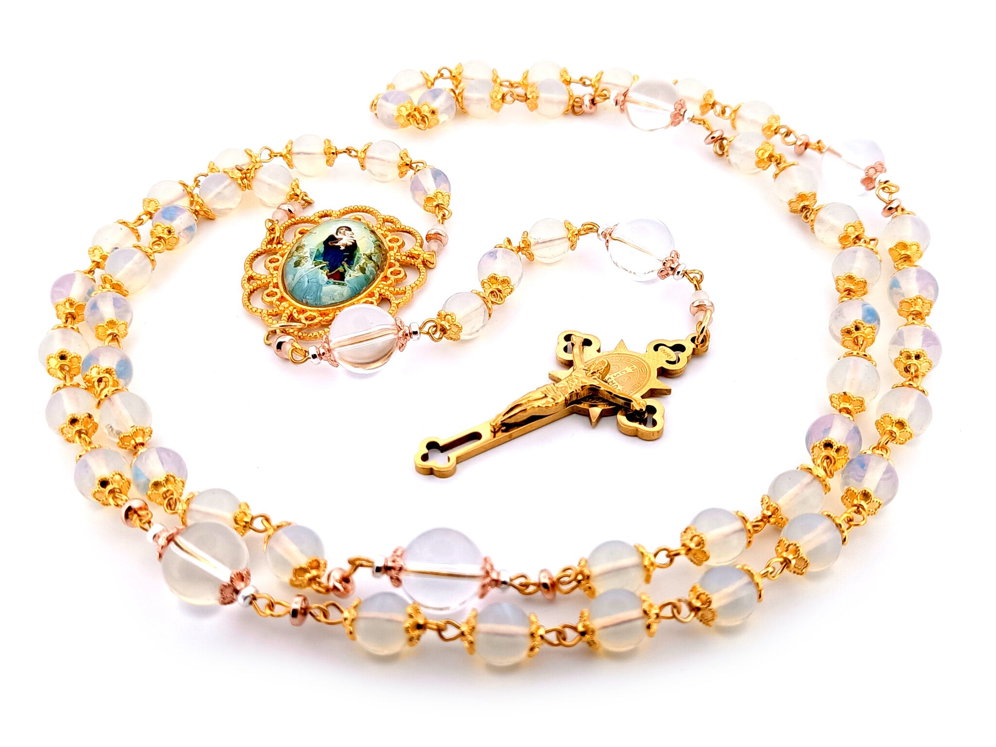 Virgin Mary and The Angels unique rosary beads opal gemstone rosary beads with gold plated Saint Benedict crucifix. 