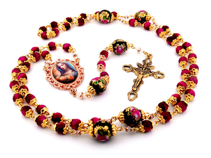 Virgin Mary tigers eye unique rosary beads gemstone rosary beads with floral glass beads and Holy Spirit crucifix.