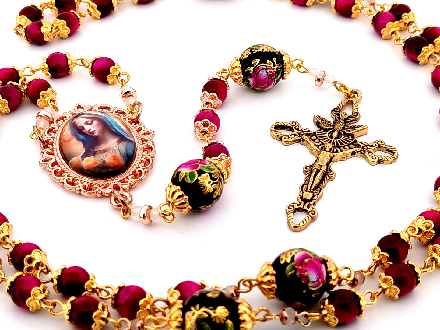 Virgin Mary tigers eye unique rosary beads gemstone rosary beads with floral glass beads and Holy Spirit crucifix.