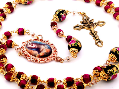 Virgin Mary tigers eye unique rosary beads gemstone rosary beads with floral glass beads and Holy Spirit crucifix.