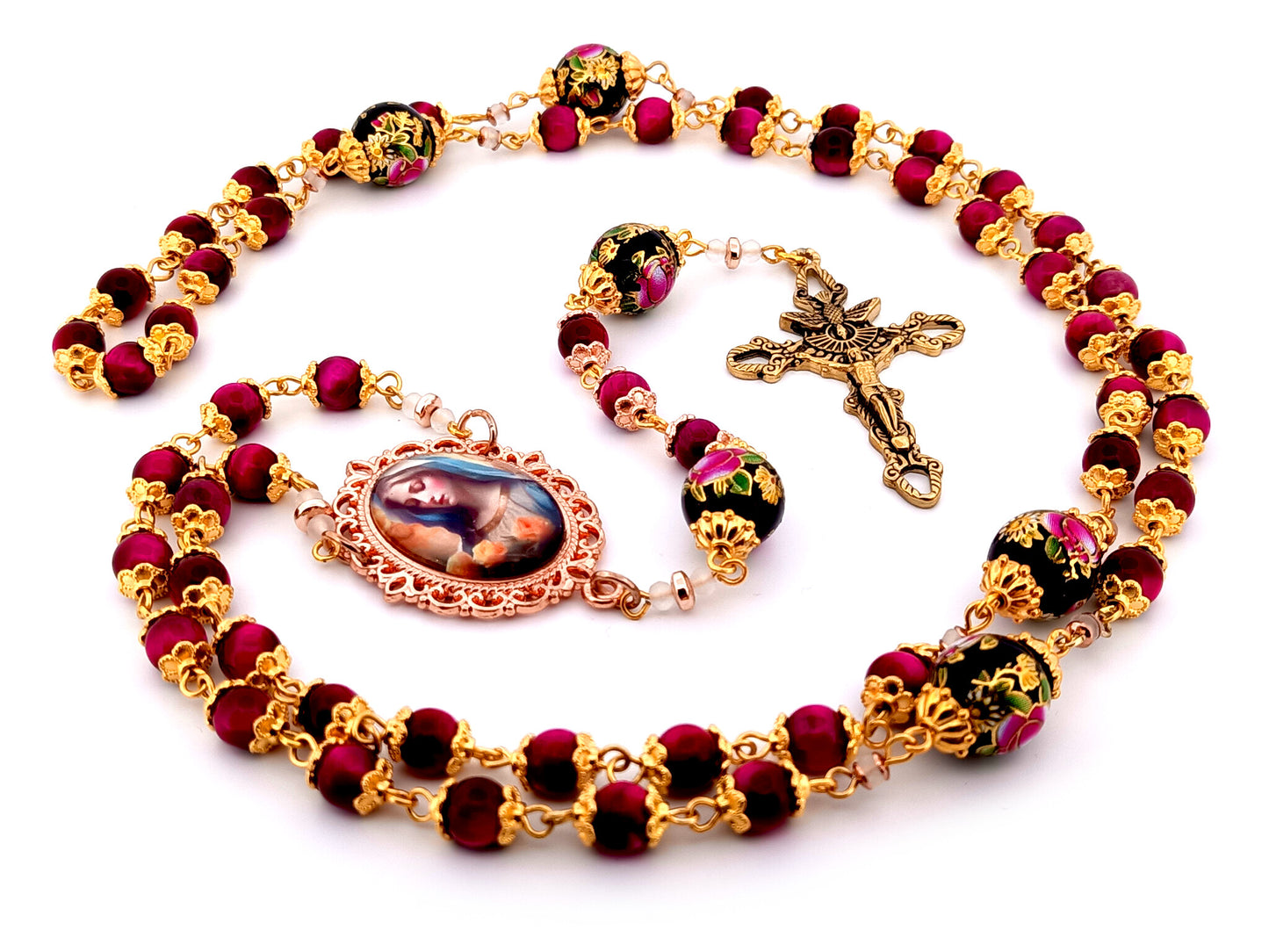 Virgin Mary tigers eye unique rosary beads gemstone rosary beads with floral glass beads and Holy Spirit crucifix.