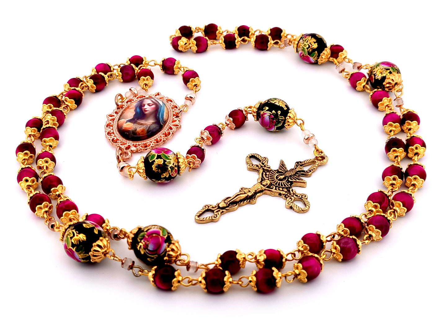 Virgin Mary tigers eye unique rosary beads gemstone rosary beads with floral glass beads and Holy Spirit crucifix.