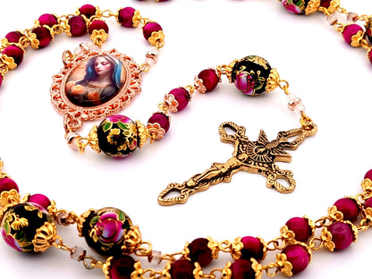 Virgin Mary tigers eye unique rosary beads gemstone rosary beads with floral glass beads and Holy Spirit crucifix.