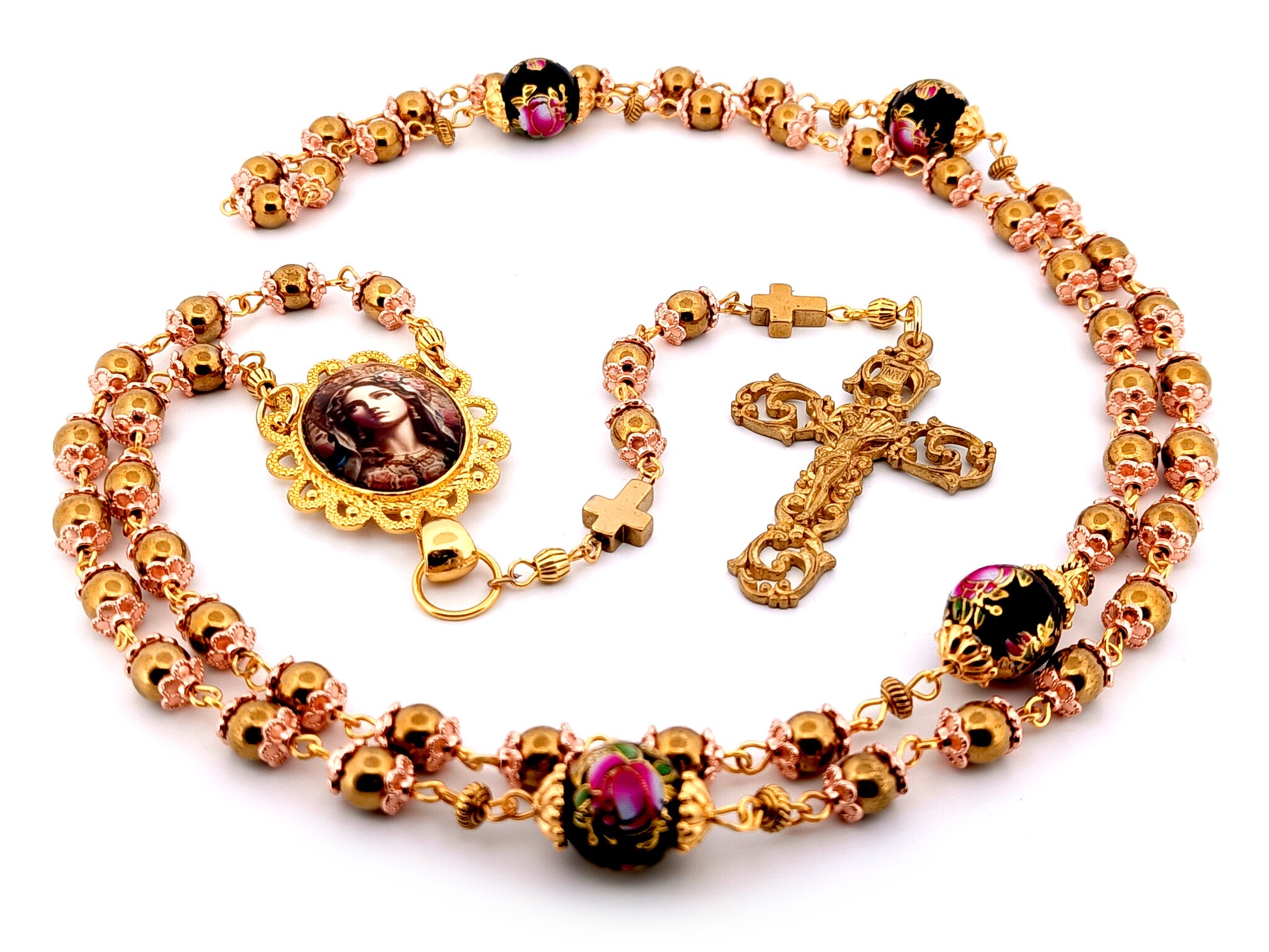 Virgin Mary hematite unique rosary beads gemstone rosary beads with floral beads and antique style filigree crucifix.